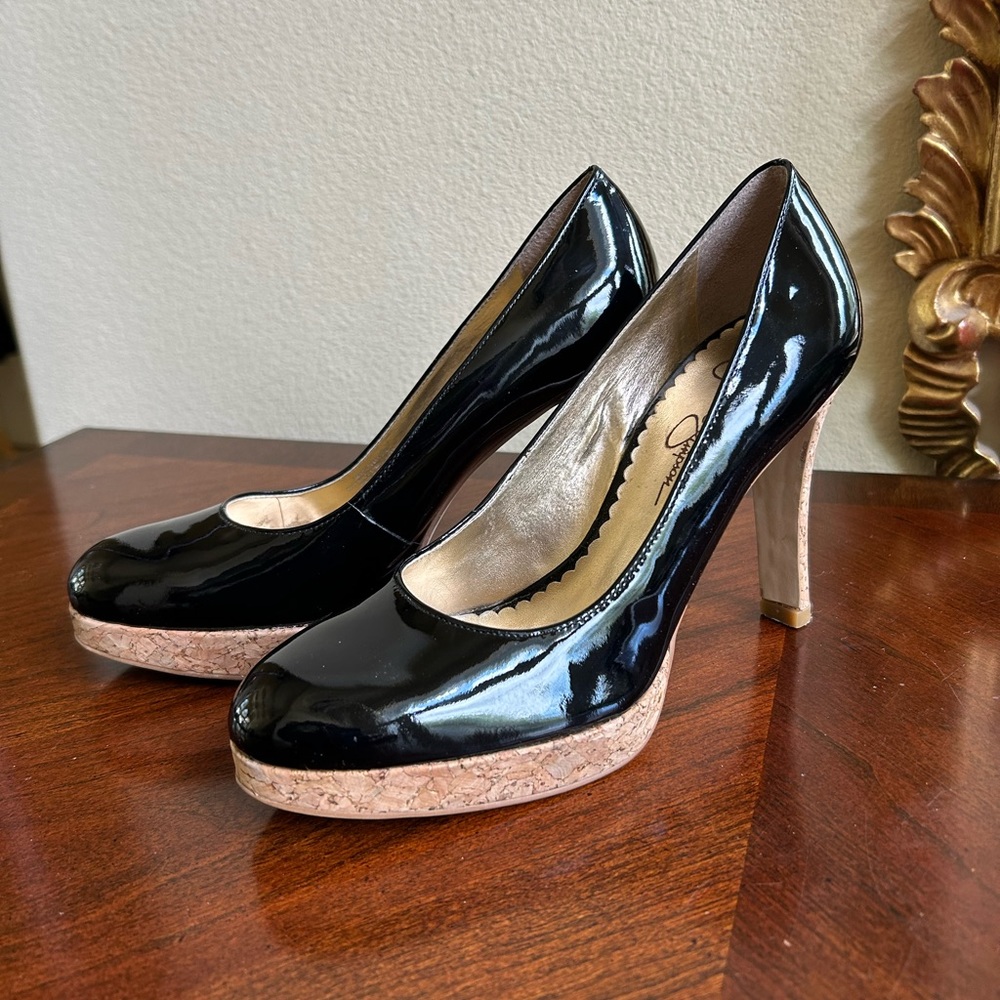 Jessica Simpson black patent real leather pumps with cork heels